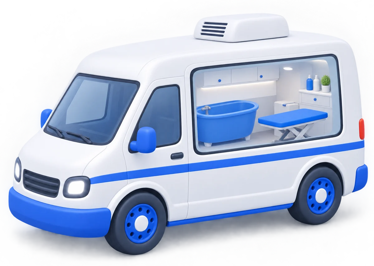 Illustration of a white and blue mobile grooming van with a bathtub and a grooming table inside